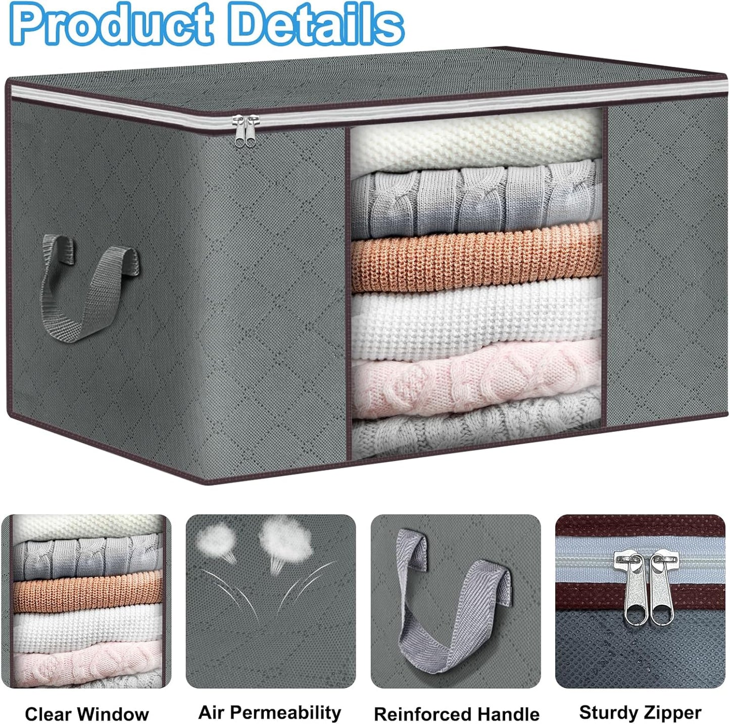Budding Joy Clothes Storage, Foldable Large Blanket Bags, Storages and Organization for Clothing, Blanket, Comforter, Clothes, Pillows, Toys, Closet Organizers with Enhanced Handle, 60L 12 Pack