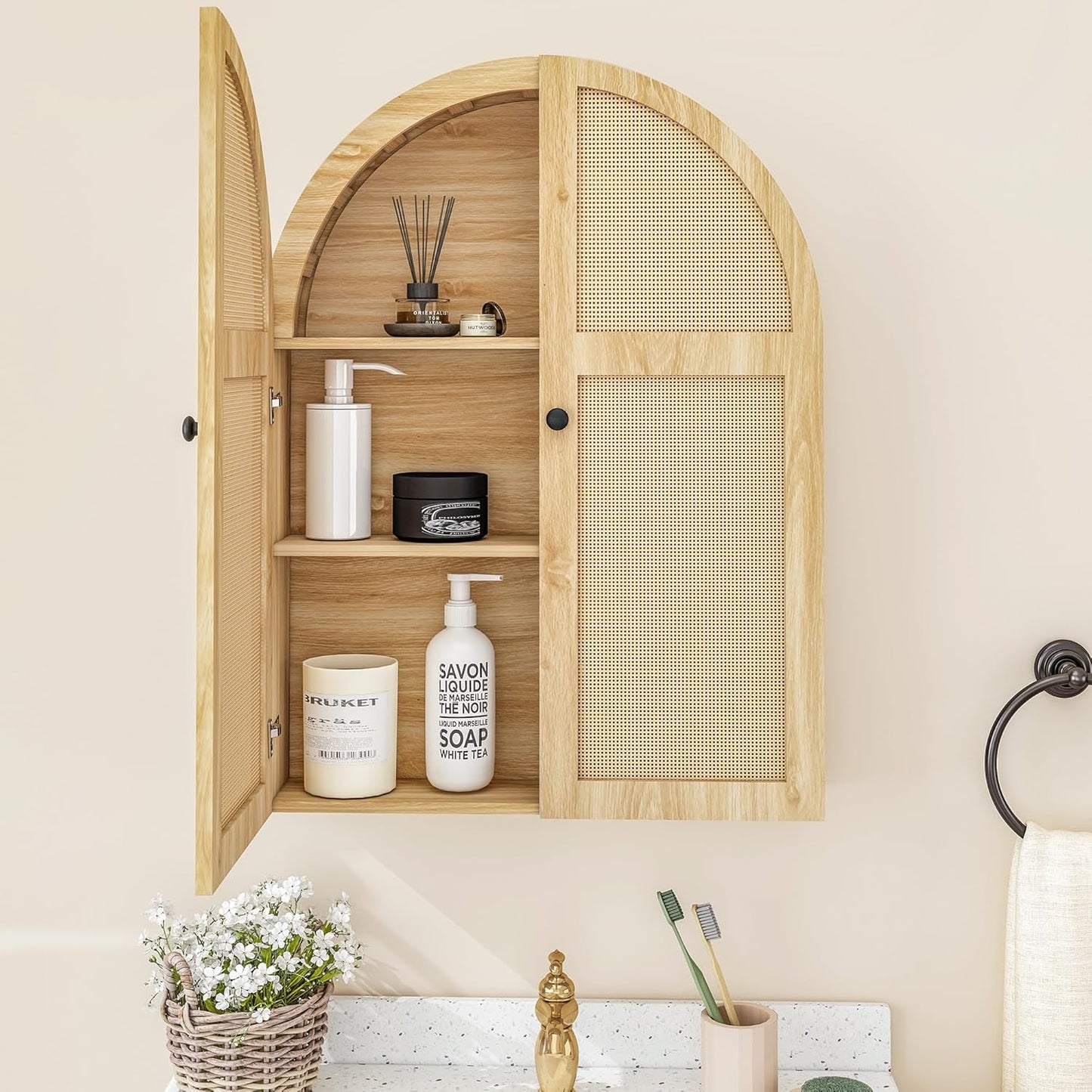 Turtle Myrtle Bathroom Medicine Cabinet Wall Mounted, Arched Wall Cabinet with Adjustable Shelf & Doors, Floating Cabinet for Wall Over The Toilet Storage Cabinet Space Saver,Natural