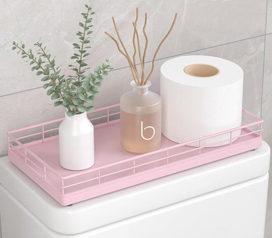 Toilet Tank Tray Organizer – Oak Wood Bathroom Counter Basket with Metal Frame, Back of Toilet or Tank Top Paper Holder Storage – Pink Modern Decor