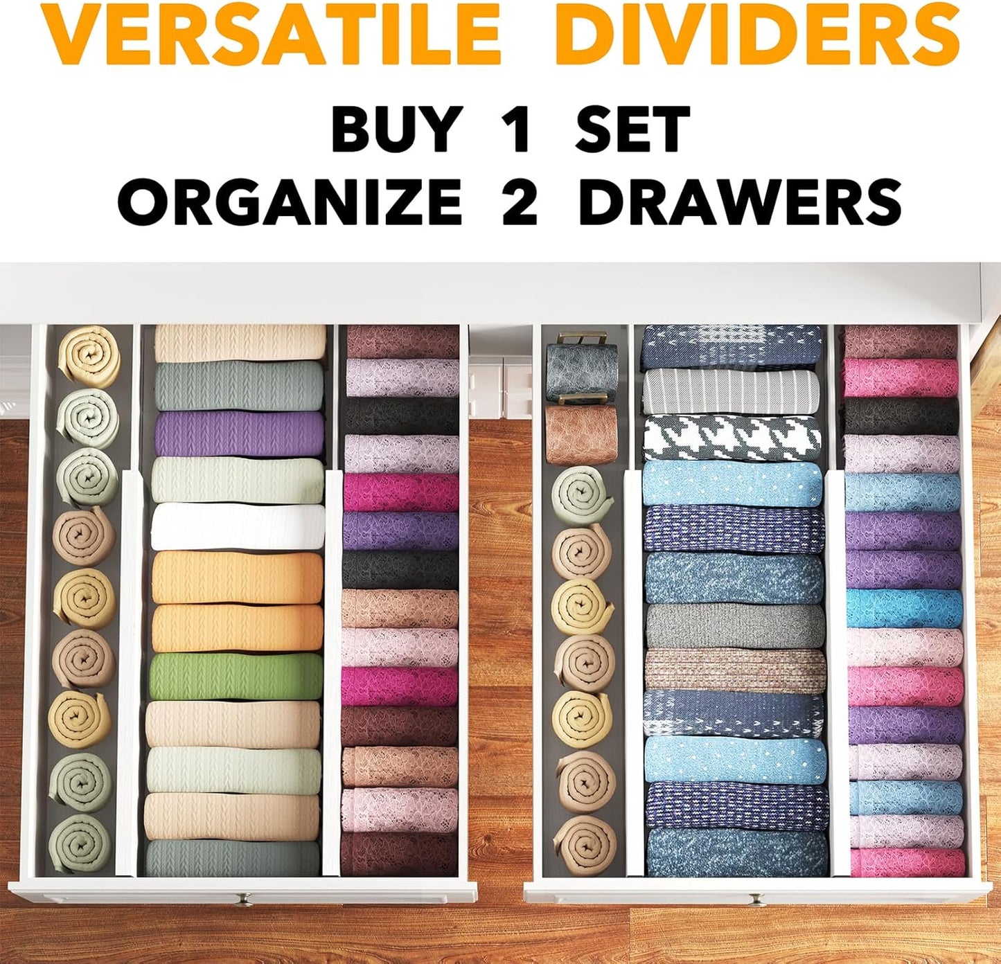 SpaceAid Bamboo 4 Pack Dresser Drawer Dividers, 4.65“ High Adjustable 17“-22” Drawer Organizers, Expandable Organization for Clothing, Clothes, Dressers, White
