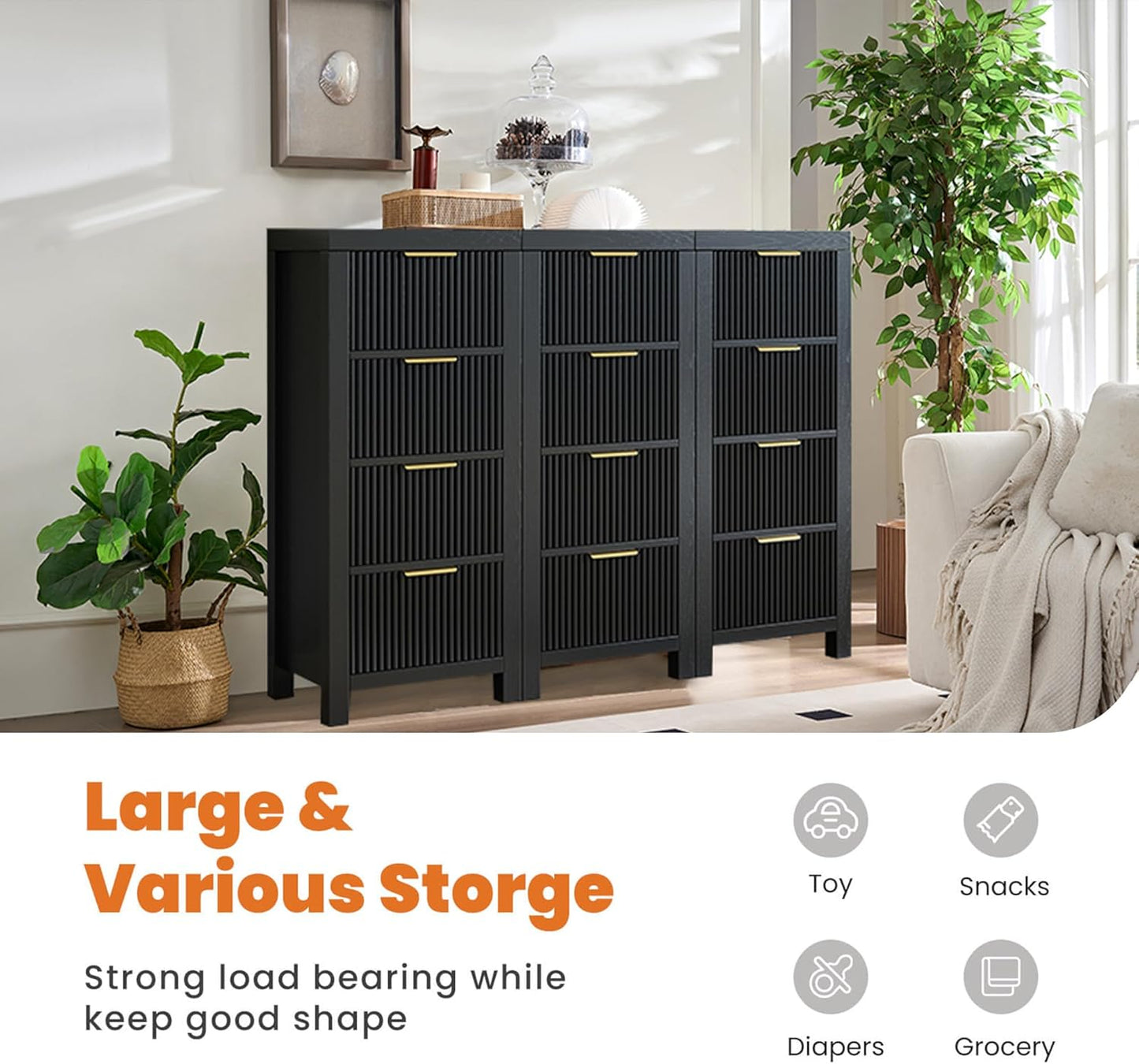 Mid-Century Modern Tall Wooden Dresser with 12 Spacious Drawers, Entryway Storage Chest with Smooth Metal Handles, Bedroom Clothes Organizer for Entryway, Office, and Small Spaces, Black X3