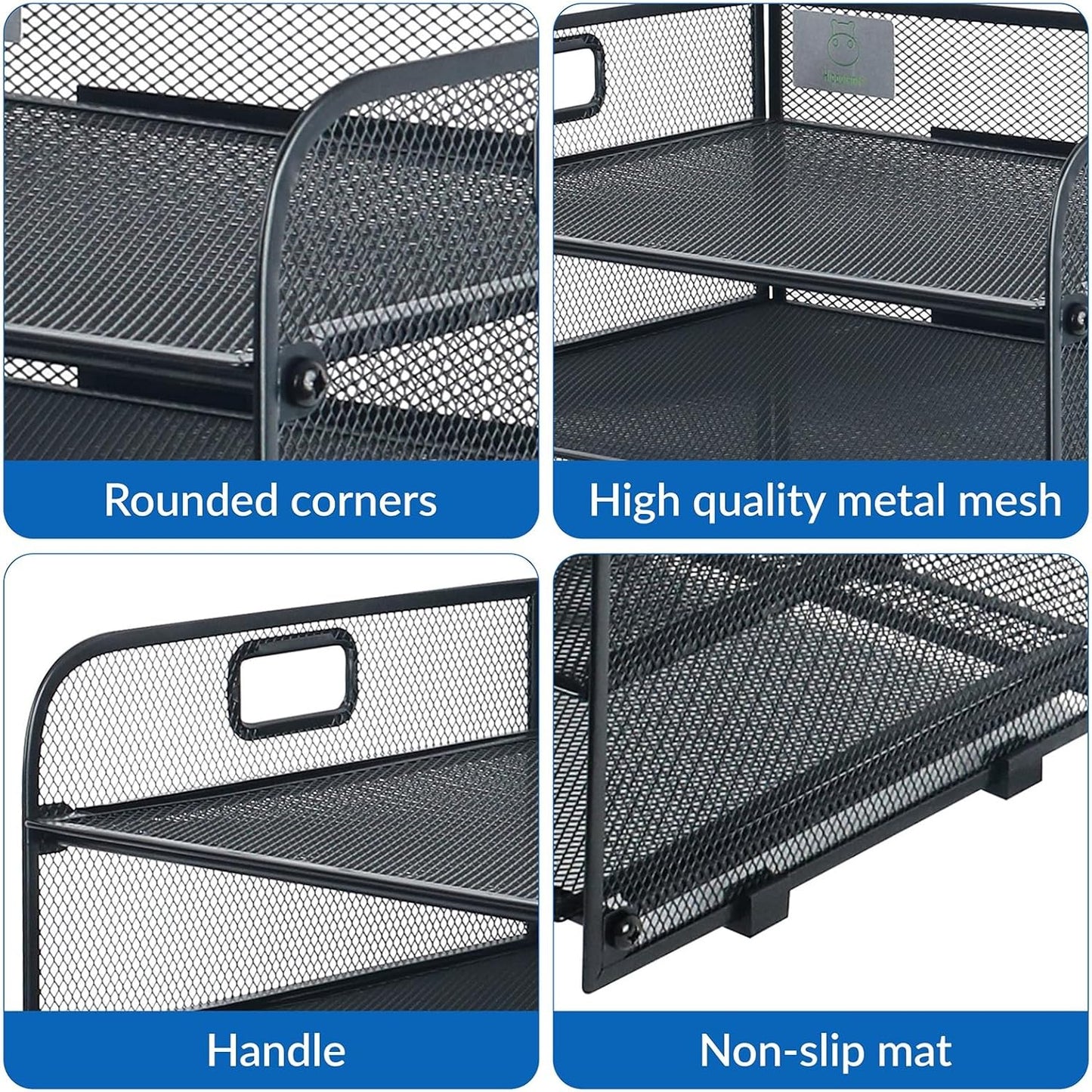 Metal Mesh Desk Organizer, 5 Compartments, Large Capacity, Holes to Handle It, Rounded Corners, Non-Slip, Anti Rust, Hinge Design