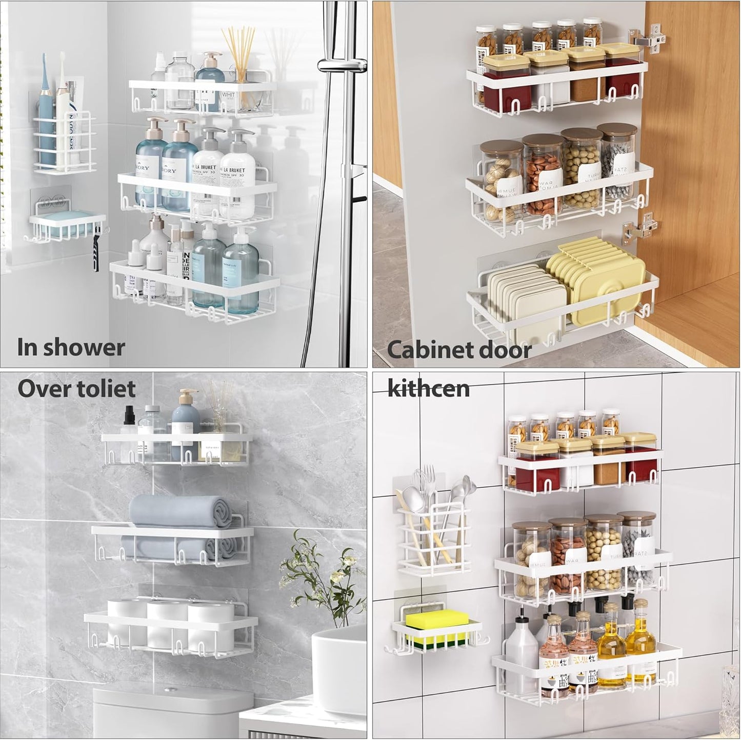 10 Pack Shower Caddy Organizer Rack Shelf for Inside Shower, Self Adhesive Wall Storage Basket Rustproof Stainless Steel Shampoo Holder Bathroom Accessory Decor Set, White