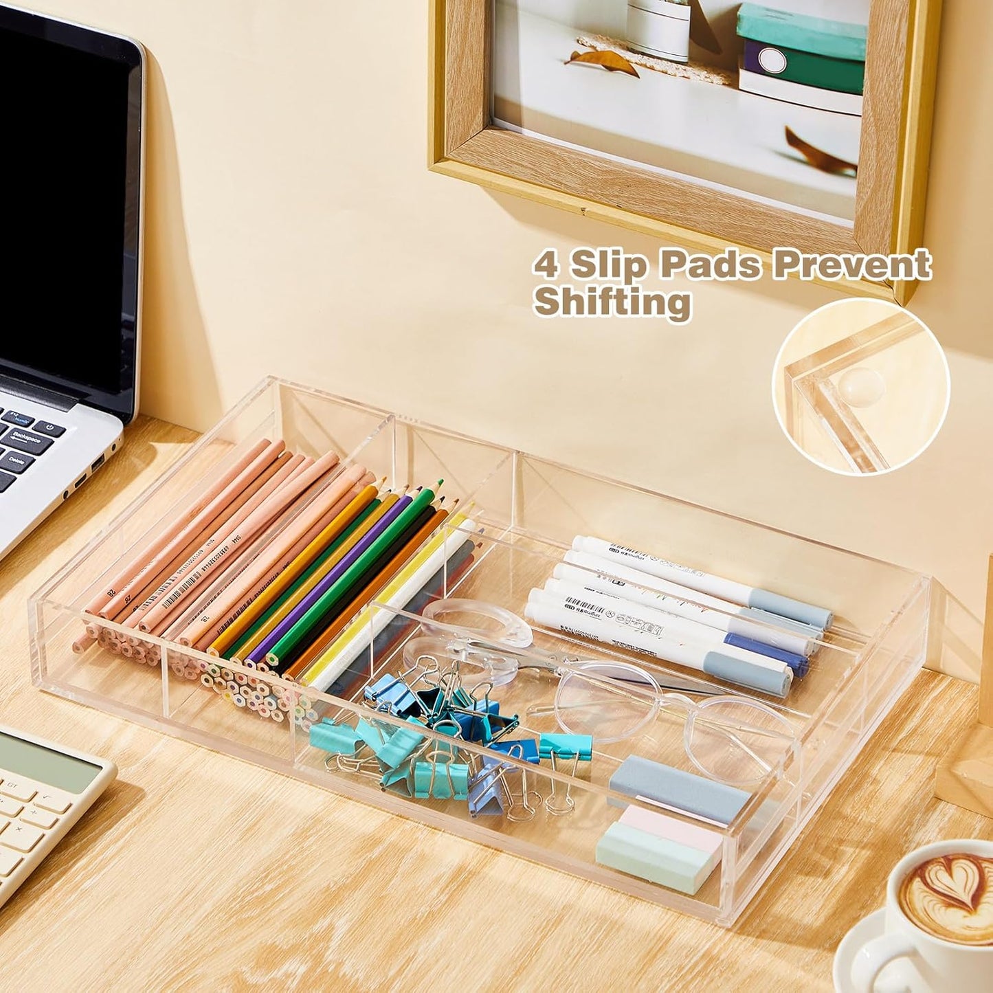 1 Pcs Acrylic Drawer Organizer Maximum 15 x 18 x 2 Inch Expandable Drawer Organizer Pens Notebook Ruler Makeup Tray with 7 Adjustable Compartments for Desk Office Kitchen Bathroom (Clear)