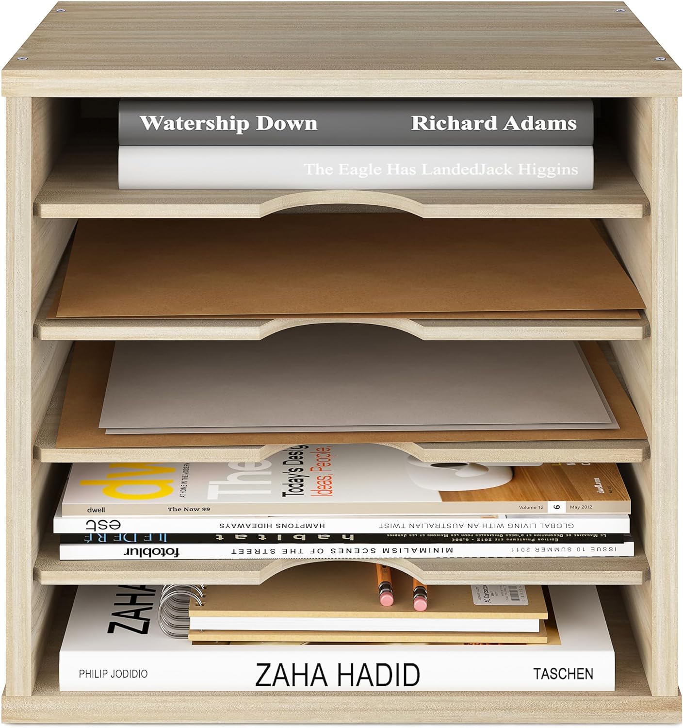 Ballucci Wood File Organizer Paper Sorter, 5 Tier Adjustable Shelves Office Desk Organizer 13 5/8" x 9 1/4" x 12", Brushed Wood