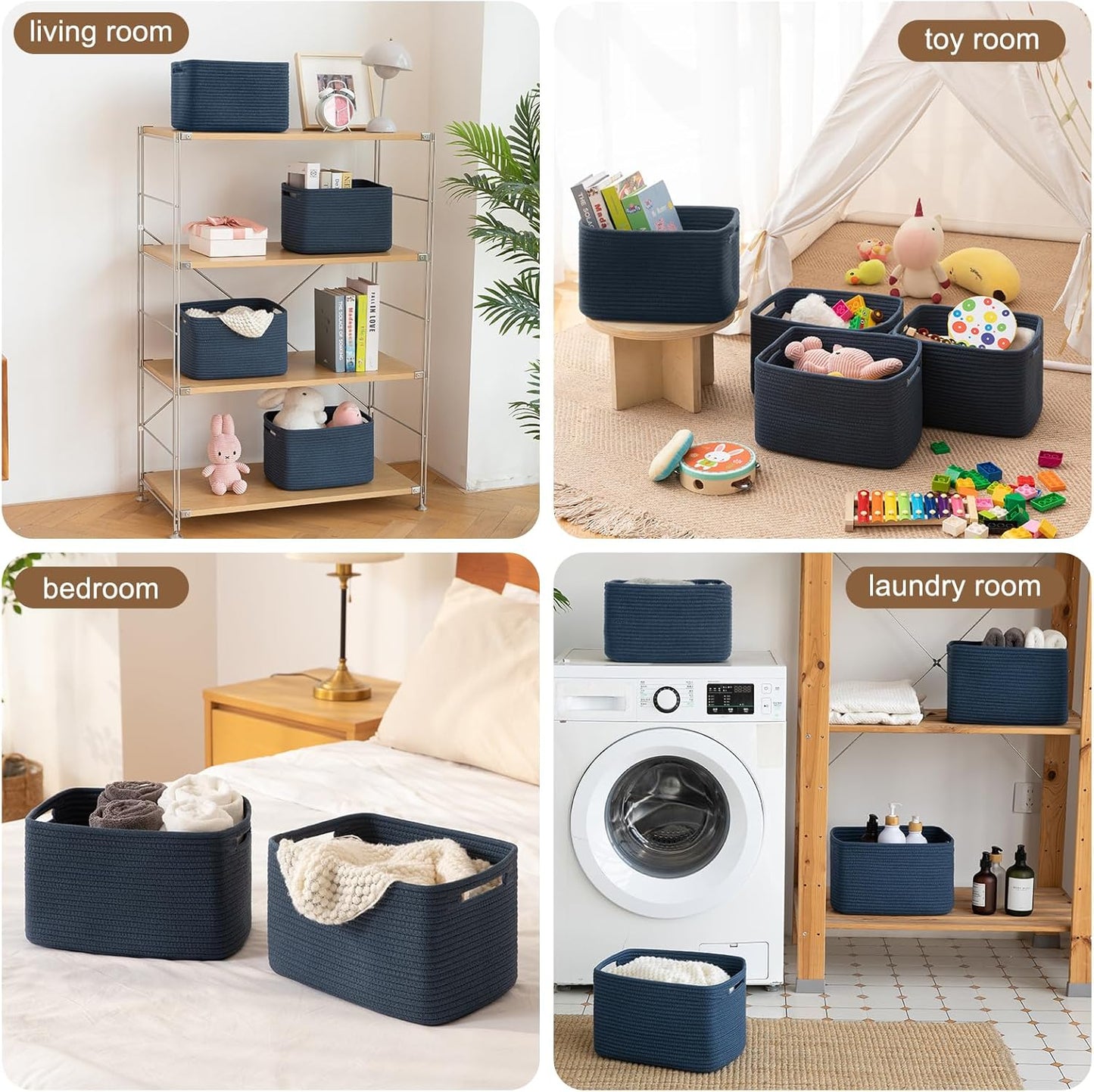 Storage Baskets for Organizing, Woven Decorative Baskets for Shelves - Books, Towels, and Clothes, Cotton Rope Toy Storage Bins, 12.7''Lx9''Wx7.8''H, Pack of 4, Blue