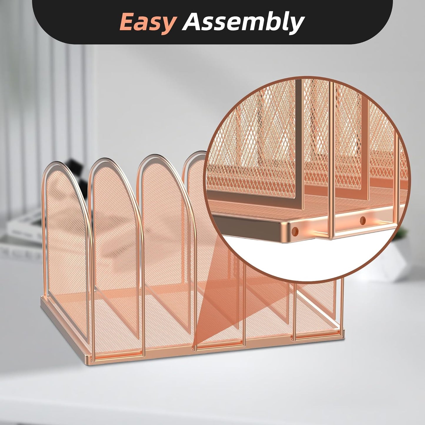 SUPEASY File Organizer for Desk, 5-Section Mesh Desk Organizer, Vertical File Holder Desktop Organizer File Sorter, File Folder Holder for Office Supplies, Rose Gold