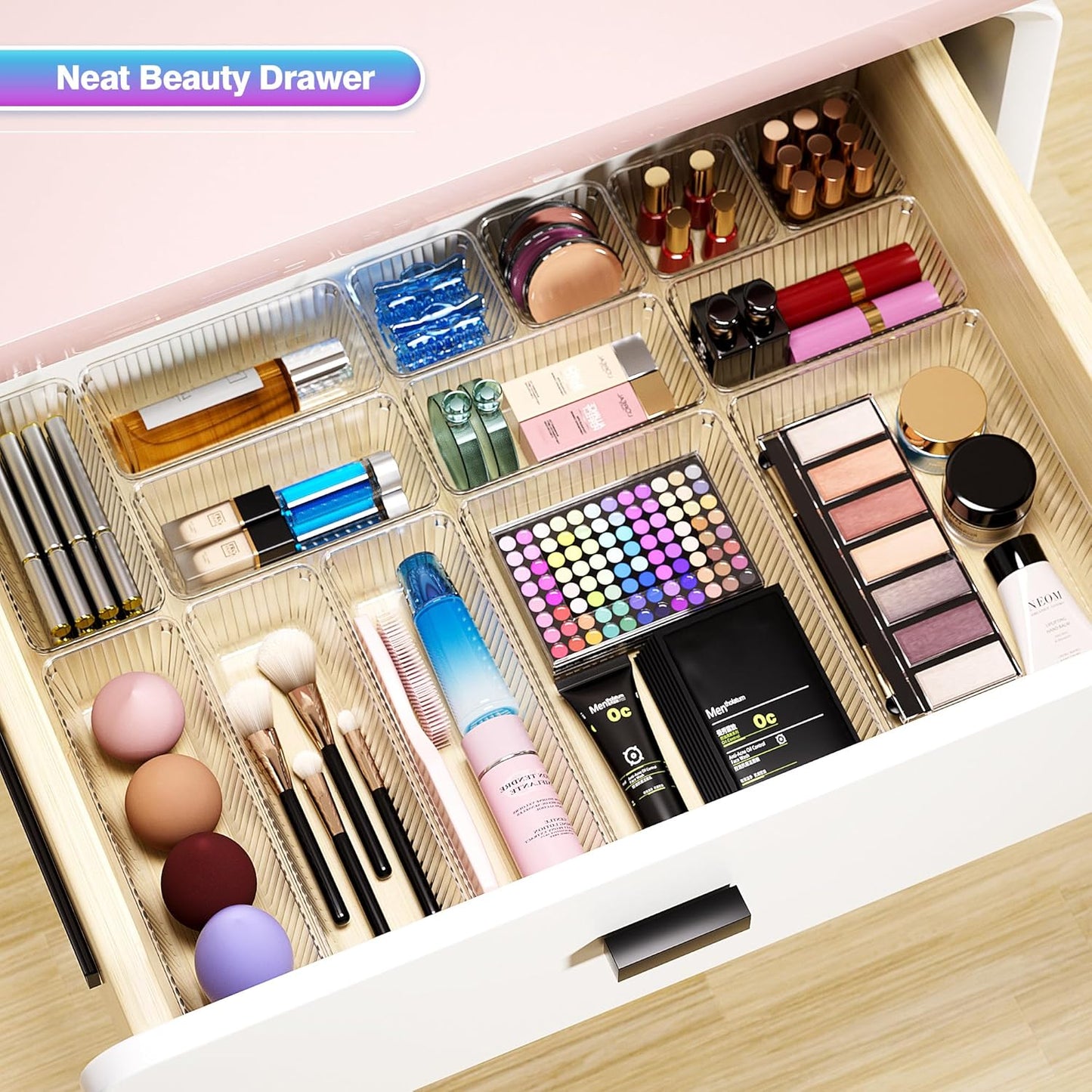 47 PCS Clear Plastic Drawer Organizer Set - 4 Sizes Makeup Organizer Desk Drawer Divider Bathroom Organizers and Storage Bins for Makeup, Jewelry, Gadgets, Office, Kitchen, Bedroom, Bathroom