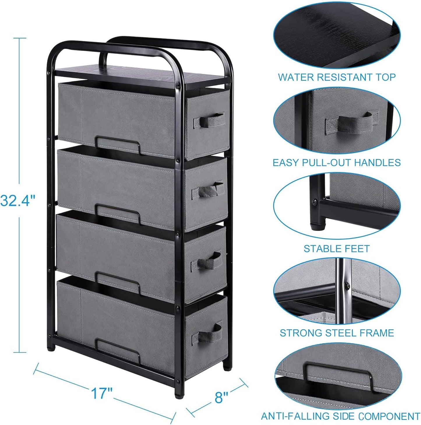 MAX Houser 4 Drawer Narrow Dresser Fabric Storage Tower Vertical Slim Storage Chest Organizer Nightstand Side/End Table Small Standing Organizer Removable Drawers Wood Top for Bedroom, Bathroom（Grey