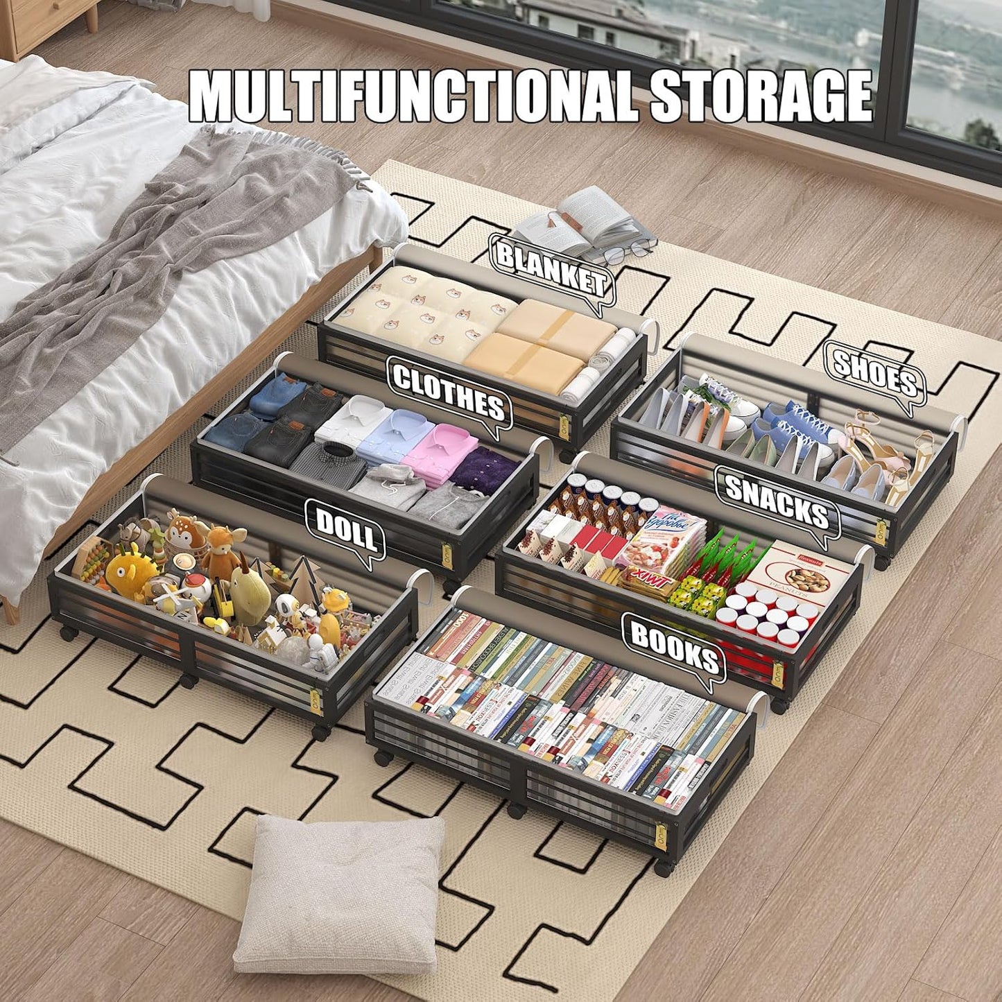 Under Bed Storage Containers with Wheels, Larger Bamboo Wood Under Furniture Storage Containers with Dust Bags，Rolling for Shoes Clothes