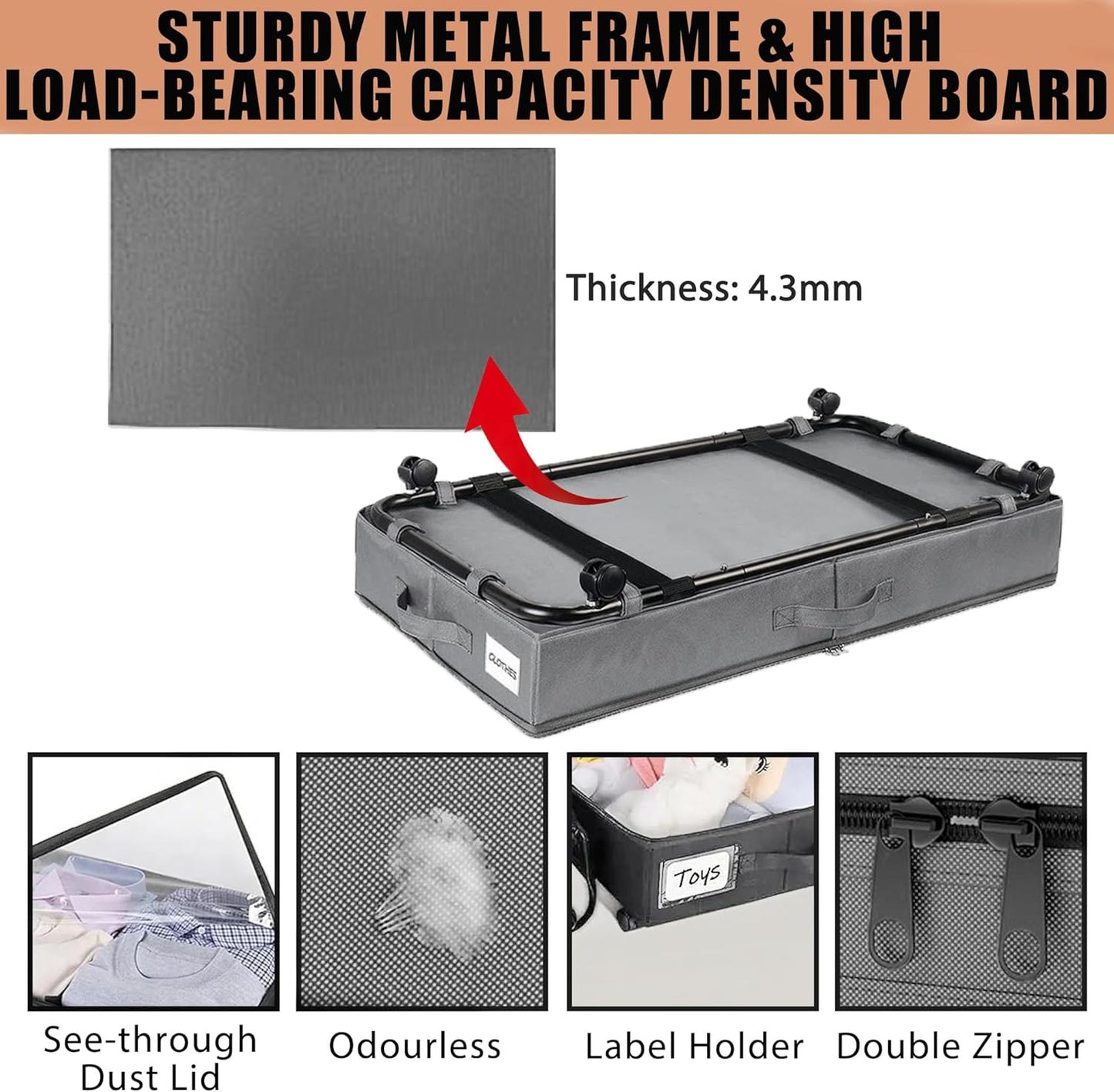 2 Pack Under Bed Storage Rolling Metal Frame Underbed Containers with Wheels Lid Visiable Window Storage Bag Box Organizer Home Closet Organization Drawer Bins for Clothes Shoes Toys Blanketss Grey