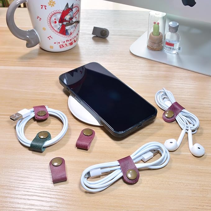 CAILLU Cord Organizer,Cord Keeper,Cable Organizer USB Holder,Cable Management,Cable Straps,Earbud case,wrap Headset Winder,Phone Earphone Clips Ties (Rose red Cord Organizer)