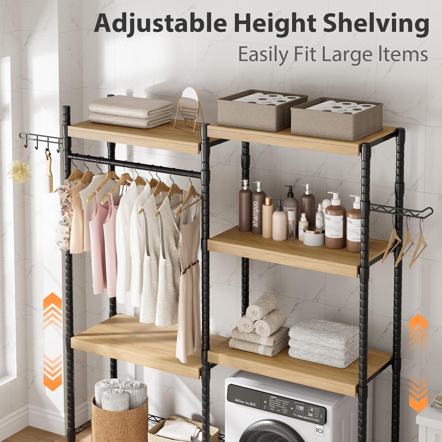 30 in 5-Tier Over-The-Washer Shelf – Adjustable Height Laundry Organizer with Double-Layer Wood Shelves (100 LB Capacity), Space-Saving Storage for Bathroom, Laundry Room, Balcony (Natural, Black)