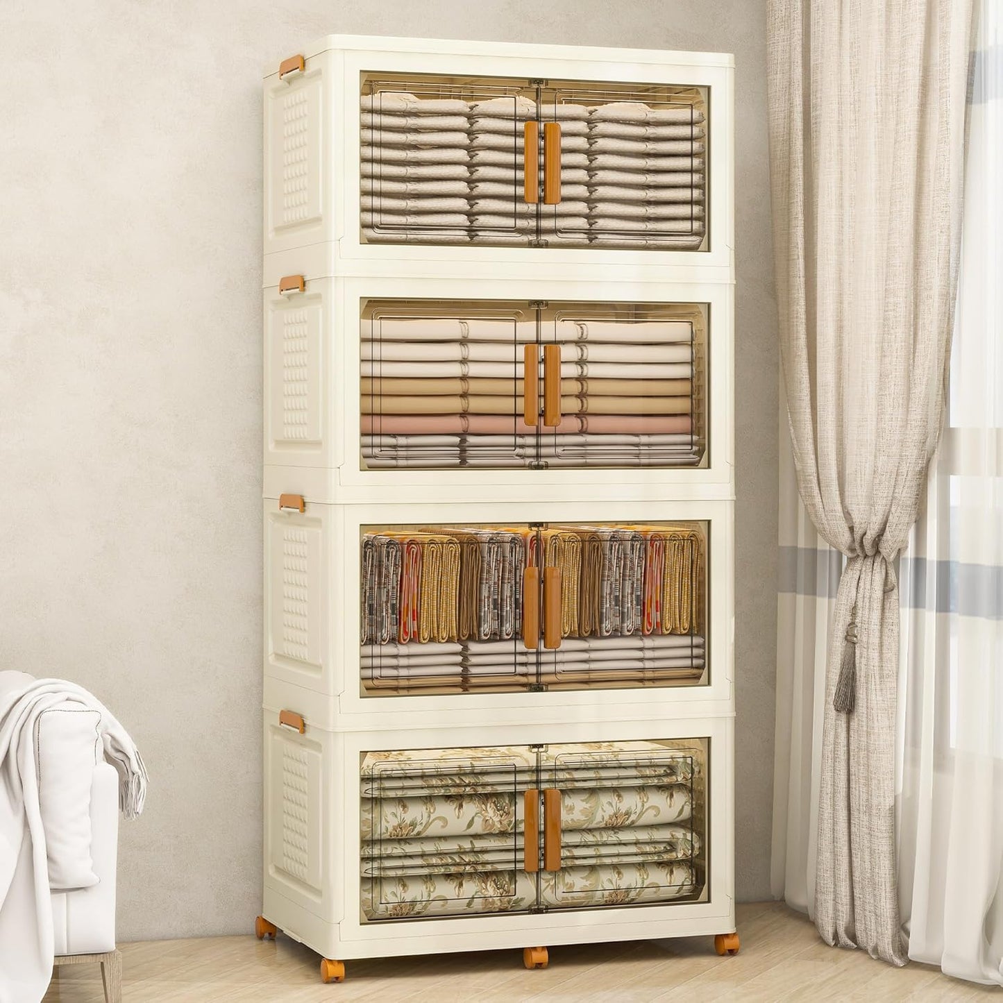 Plastic Stackable Storage Bins with Lids and Wheels, Foldable Closet Organizers and Storage Containers, Collapsible Clear Drawer Storage Cabinet with Doors White 152Gal