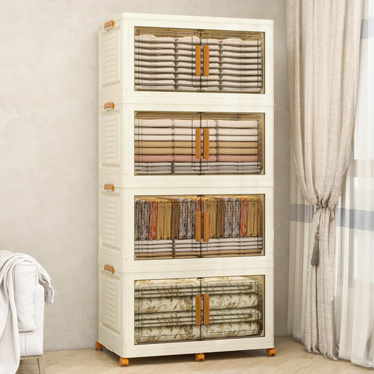 Plastic Stackable Storage Bins with Lids and Wheels, Foldable Closet Organizers and Storage Containers, Collapsible Clear Drawer Storage Cabinet with Doors White 152Gal