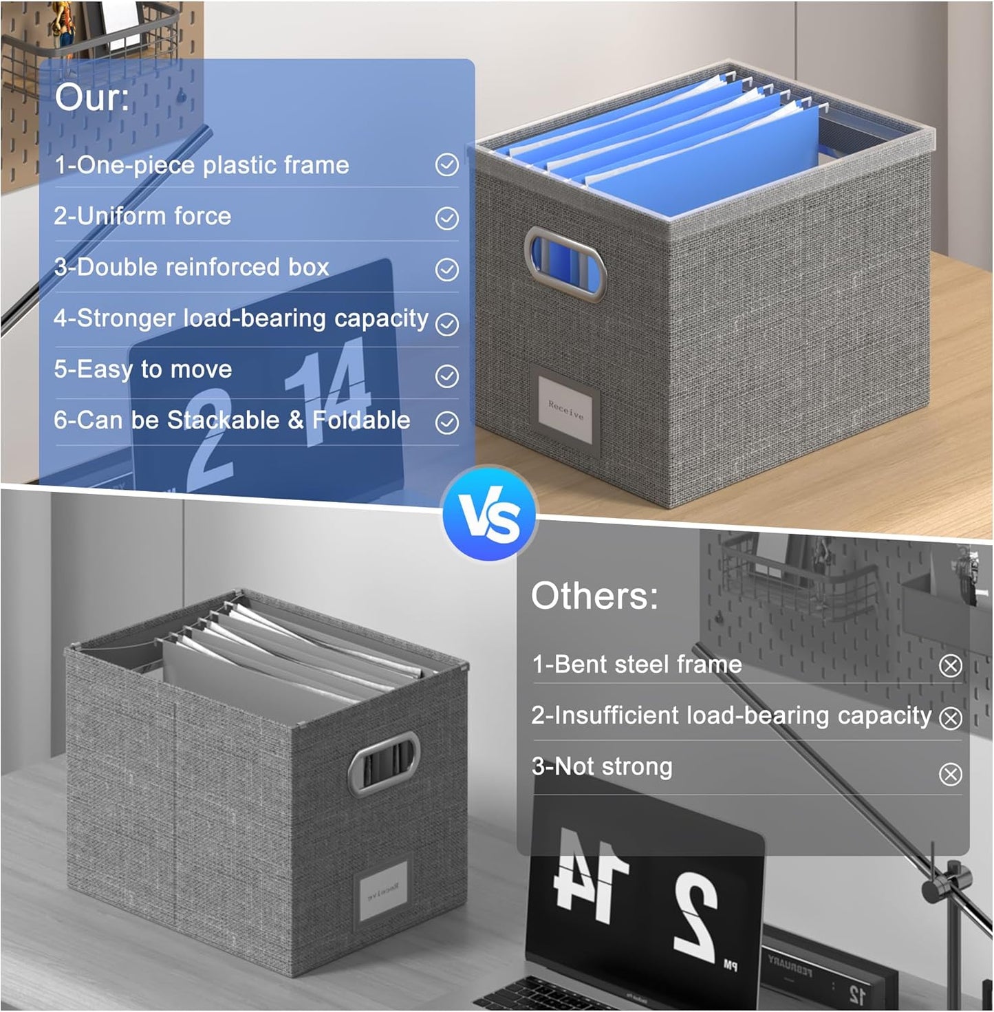 File Organizer Box - File Boxes for Hanging Files with Lid Set of 3 Decorative Hanging Folders Organizer with One-Piece Plastic Frame Slides (Grey, 13.2 * 10.1 * 10.1in(3Pack))