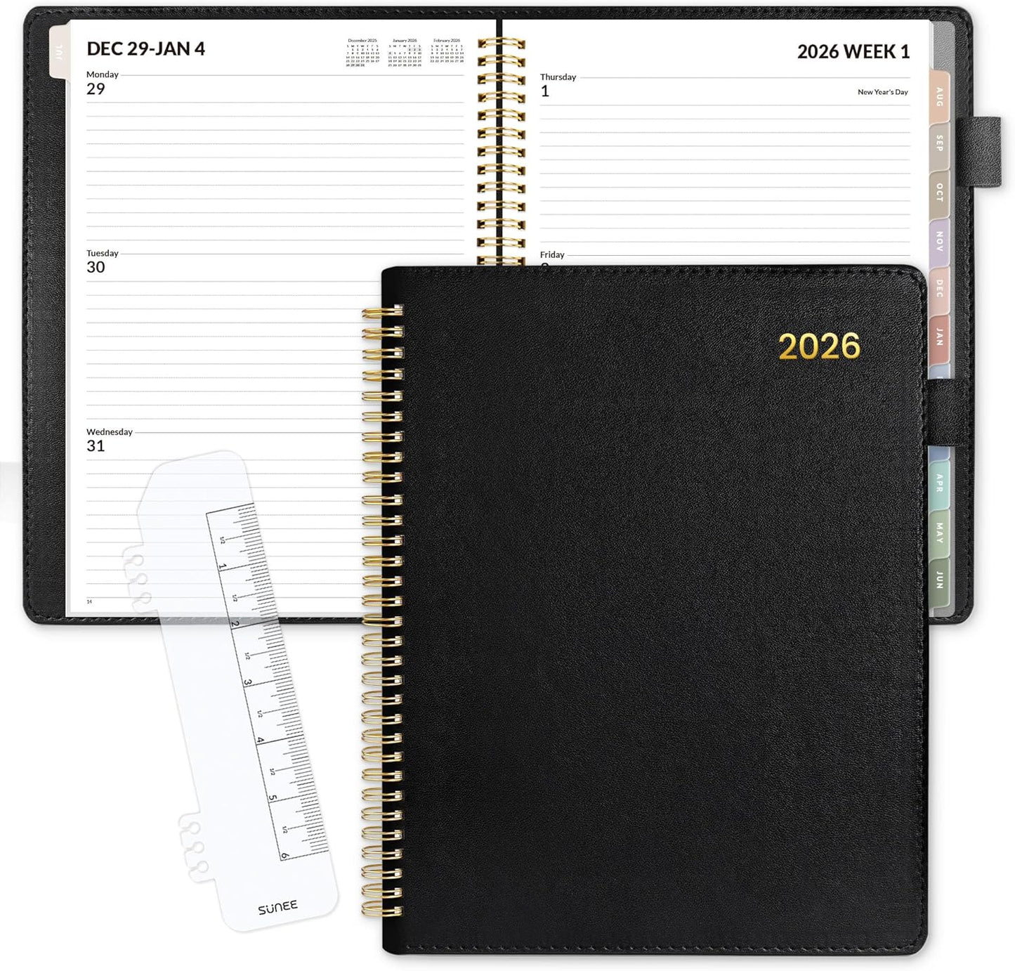 SUNEE 2026 Weekly & Monthly Planner 9"x11.2"- 12 Month (January 2026 - December 2026), Vegan Leather Cover, Pocket, Bookmark, Notes, Monthly Tab, Black