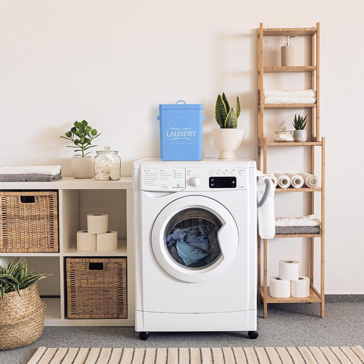 Meraki Home Laundry Detergent Container Set – 2-Pack Detergent Holder and Pods Container with Metal Scoop – Farmhouse Canisters for Laundry Room Organization and Storage - Matte Blue
