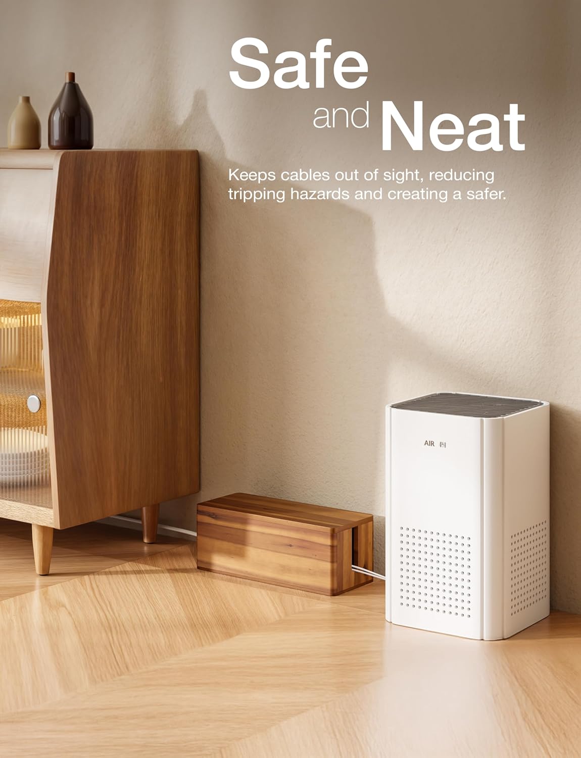 Acacia Wood Cable Management Box Round Edge - 16" L Wooden Cable Organizer Box for Electrical Hiding Cord Management - Power Strip Hider Cable Storage Box for Office, Router Wires, Under Desk