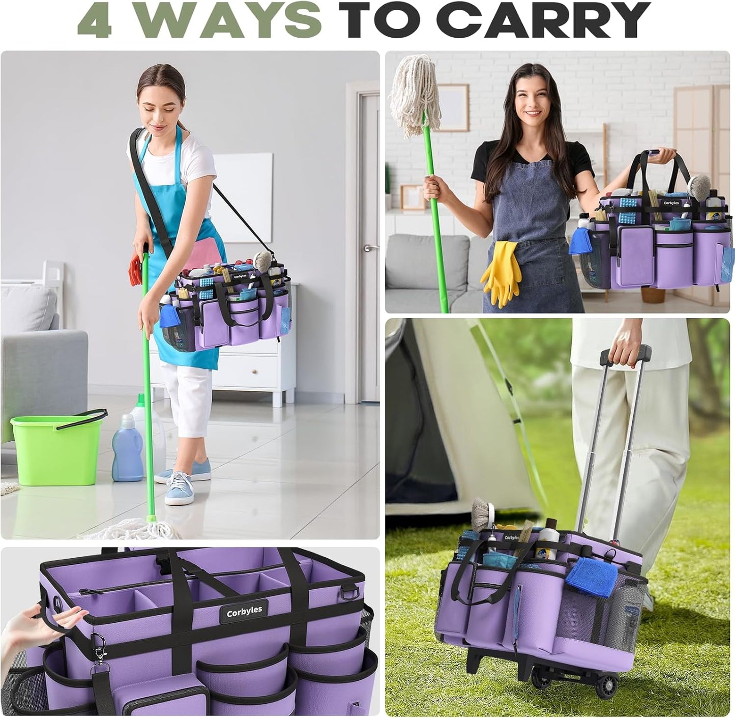 Rolling Cleaning Caddy Bag with Detachable Trolley, Cleaning Supplies Organizer Cart on Wheels, Cleaning Supply Caddy for Housekeepers, Large Professional Detailing Bag Tote for Home, Car (Purple)
