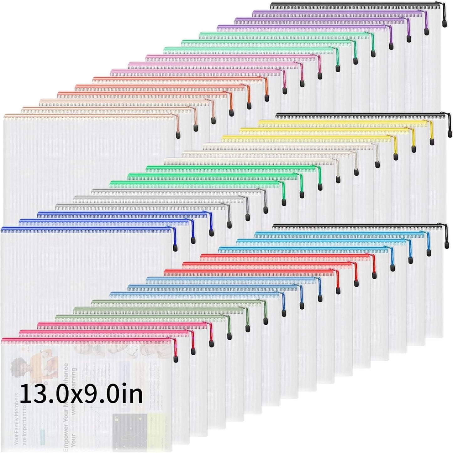 Umriox A4-48P 48pcs Mesh Zipper Pouch Bags, 16 Color, Clear Zipper Pouches for Organizing, Office, Home, Travel