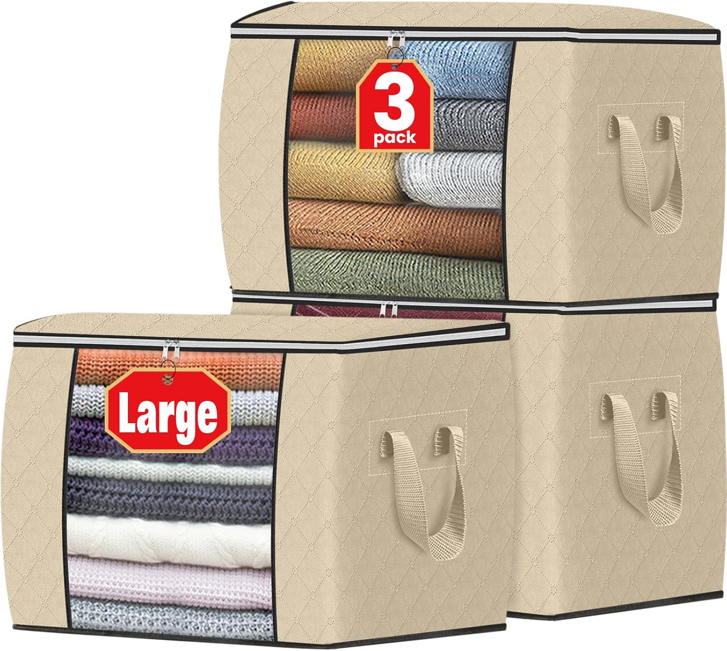 Fab totes 24 Gallons Clothes Storage, Foldable Thick Fabric Blanket Storage Bags, Containers for Organizing Bedroom, Closet, Clothing, Comforter, Organization with Handle (3 Pack,Beige)