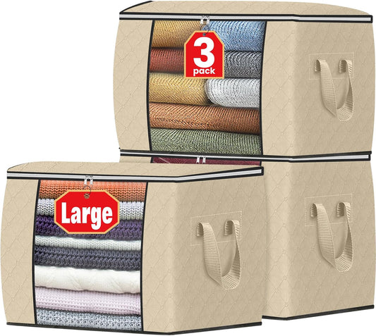 Fab totes 24 Gallons Clothes Storage, Foldable Thick Fabric Blanket Storage Bags, Containers for Organizing Bedroom, Closet, Clothing, Comforter, Organization with Handle (3 Pack,Beige)