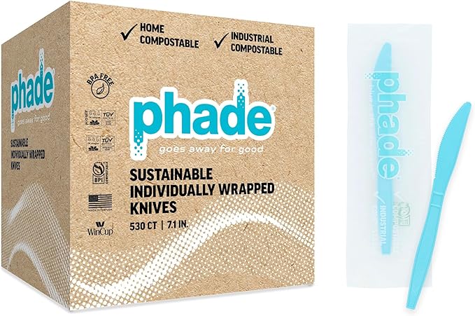 phade 100% Compostable Knives – BPI Certified Wrapped Cutlery in Compostable Packaging, 530 Bulk Count, 7.1 Inch Sustainable Disposable Utensils for Events, Takeout, Home – Made in USA