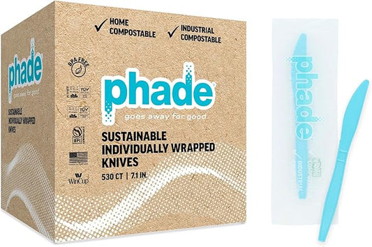 phade 100% Compostable Knives – BPI Certified Wrapped Cutlery in Compostable Packaging, 530 Bulk Count, 7.1 Inch Sustainable Disposable Utensils for Events, Takeout, Home – Made in USA