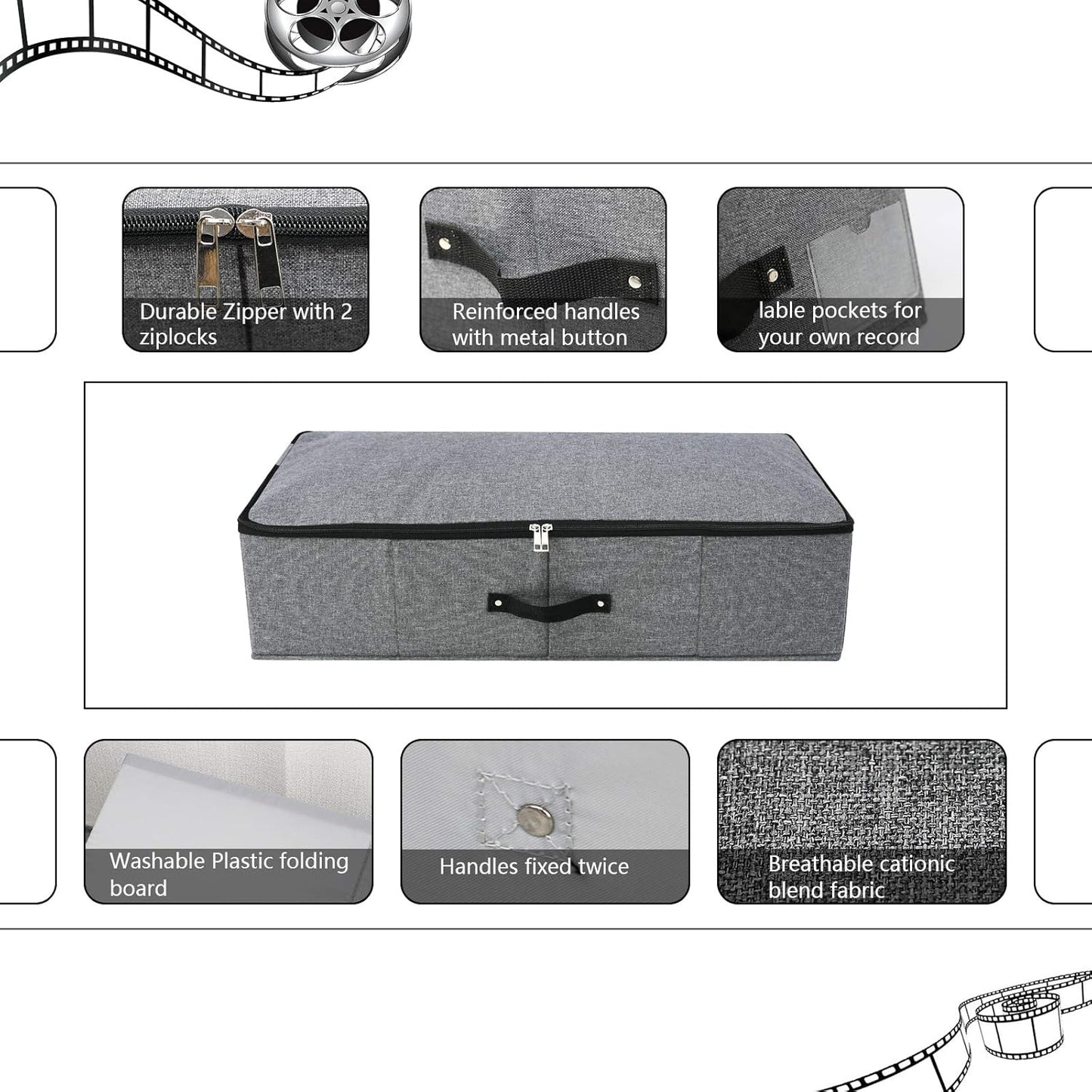 2PCS Foldable Under Bed Storage Box with Plastic Support Liner, Handles, Zipper lid, Blankets Clothes Comforters Storage Bin Organizer for Bedroom and Closet, 29×15×7inch, Black Grey