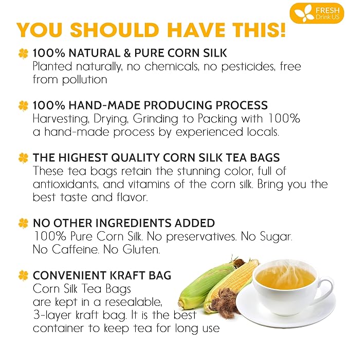 FreshDrinkUS, Premium 135 Tea Bags Corn Silk Tea, 100% Natural & Pure from Corn Silk. Herbal Tea. Clean Ingredients. Made with Natural Material Tea Bags. No Sugar, No Caffeine, Vegan.