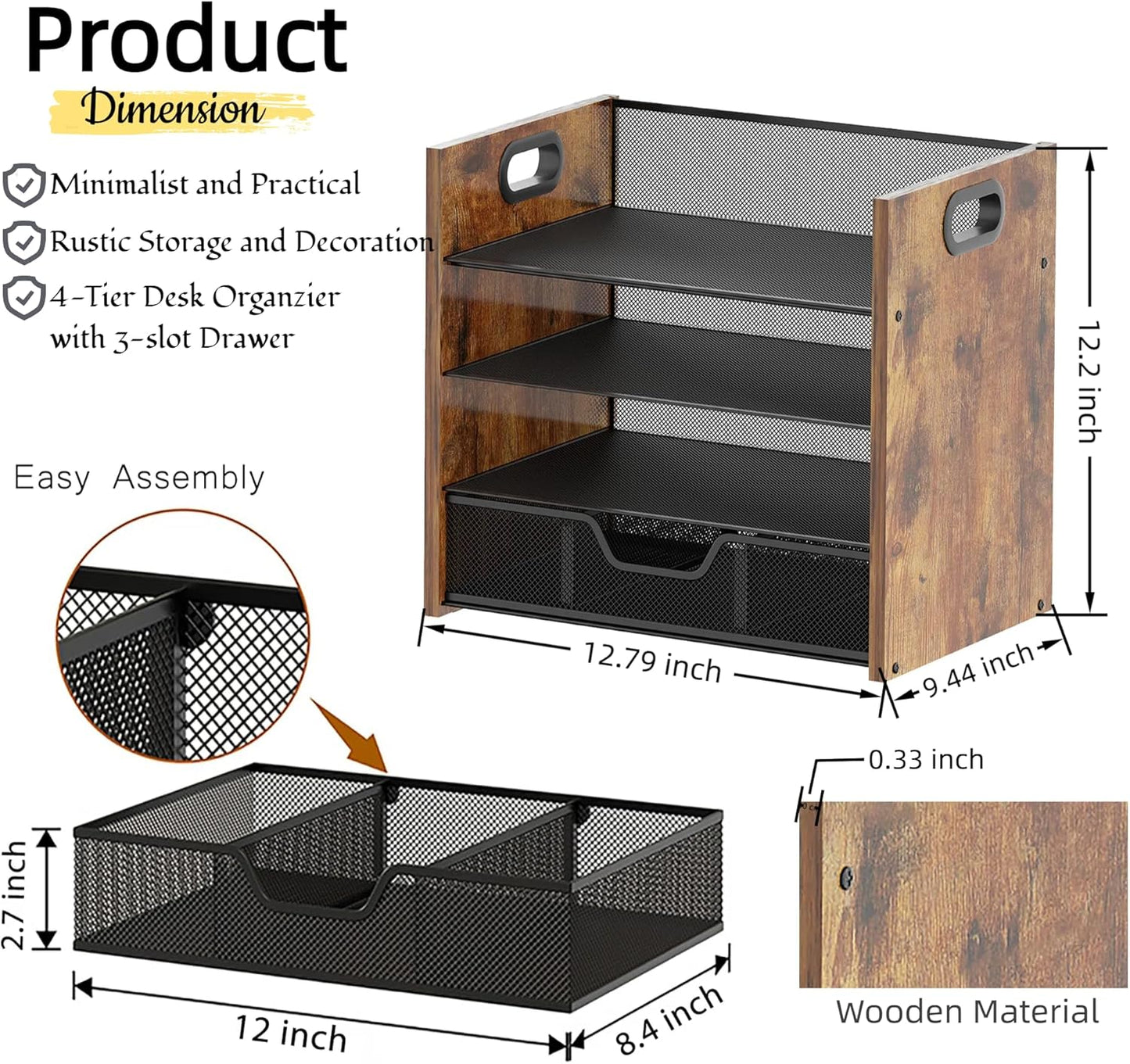 Wood Desk Organizer - 4-Tier Desktop File Organizer with Drawer, Wooden Paper Tray, Office Desk Organizer for Papers, Mail, Notebooks, Stationery