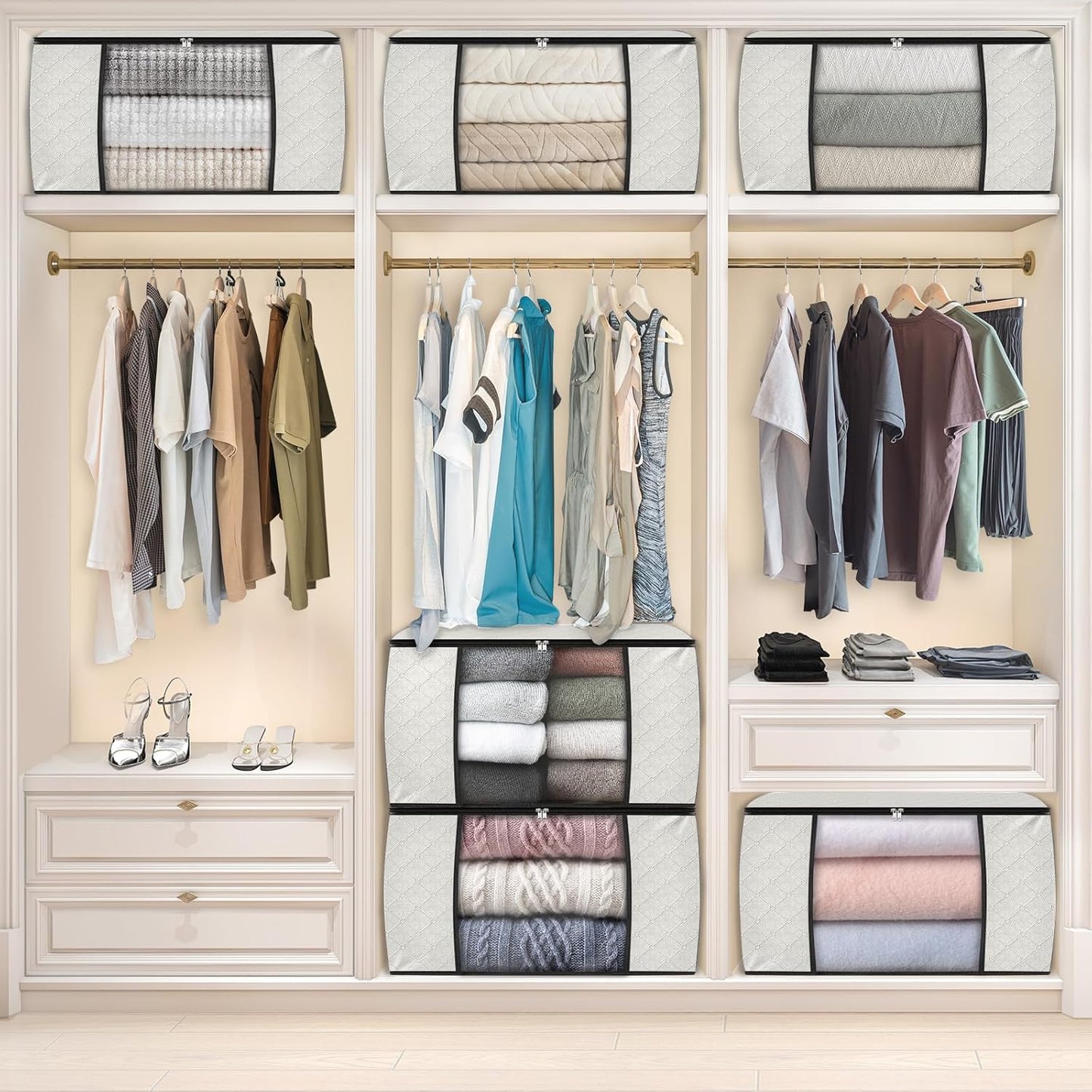 Fab totes 3 Pack Clothes Storage, Foldable Thick Fabric Blanket Storage Bags, Containers for Organizing Bedroom, Closet, Clothing, Comforter, Organization with Handle,Ivory White