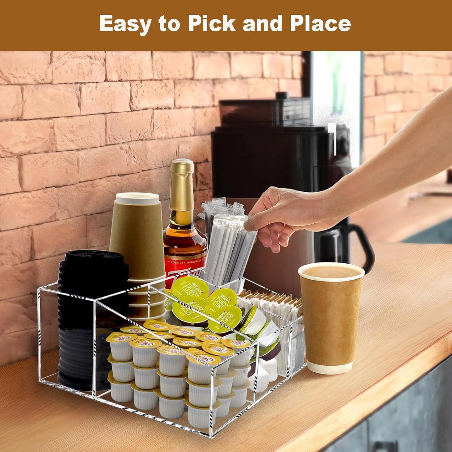 Tirifer Acrylic Coffee Bar Station Organizer for Countertop, Condiment Service Organizer Coffee Pods Storage Caddy Creamer Snack Tea Cup Supplies Holder for Home Office and Breakroom(Clear)