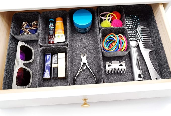 Welaxy desk drawer organizer tray shallow felt storage bin for office suppliers makeup pen keys craft brush decluttering 8-piece sleek minimalist lifestyle gift for men (Charcoal)