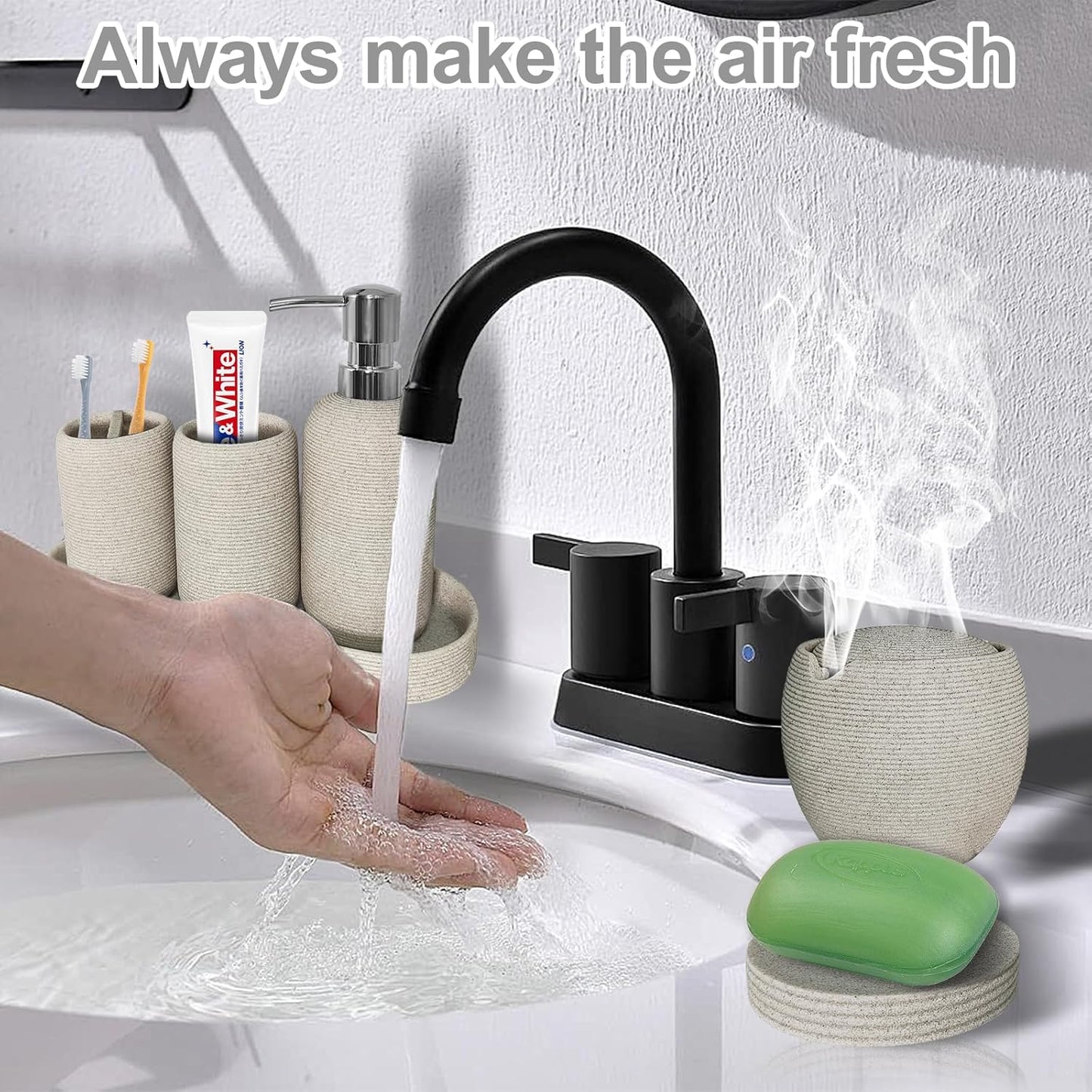 Bathroom Accessory Set, 6PCS Beige Bathroom Accessories - Soap Dish, Lotion Dispenser, Toothbrush Holder, Mouthwash Cup, Tray, Cotton Ball Jar, Aesthetic Decor Bathroom Sets