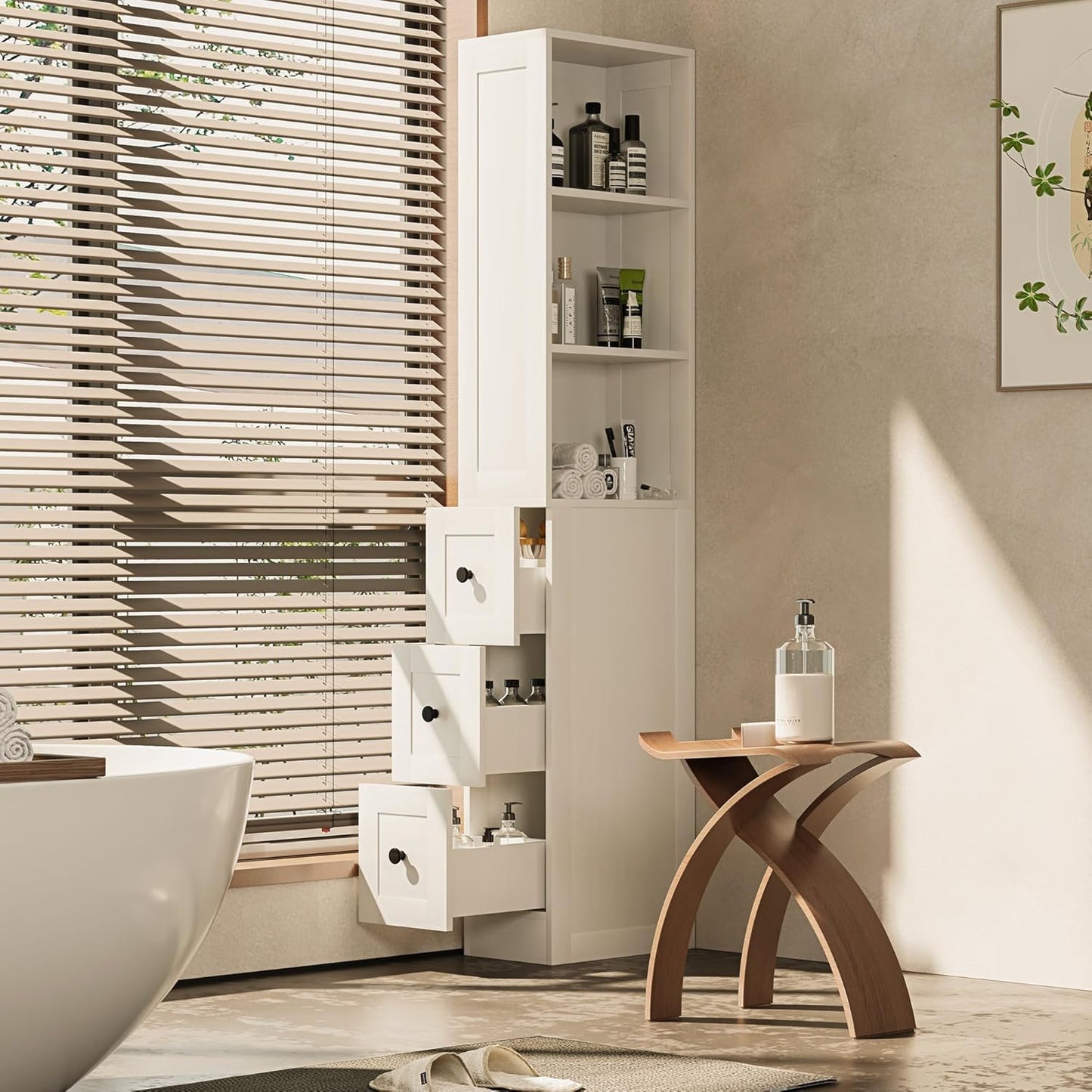 LAUSAINT HOME Tall Bathroom Storage Cabinet, Anti-Tipping Narrow Floor Cabinet with 2 Adjustable Shelves & 3-Level Drawers for Small Space, Home, Bathroom, Kitchen, Laundry (White)