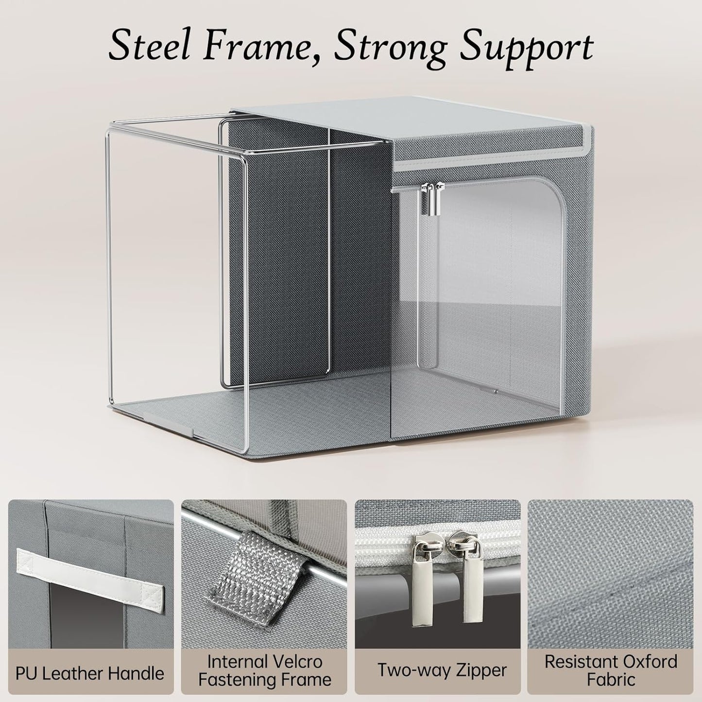 Yecaye Clothes Storage Bins with Metal Frame, 40L Foldable Clothing Storage Bins with Lid, Stackable Zippered Clothes Storage Bags, Oxford Fabric Organizer Box With Clear Window＆ PU Leather Handles