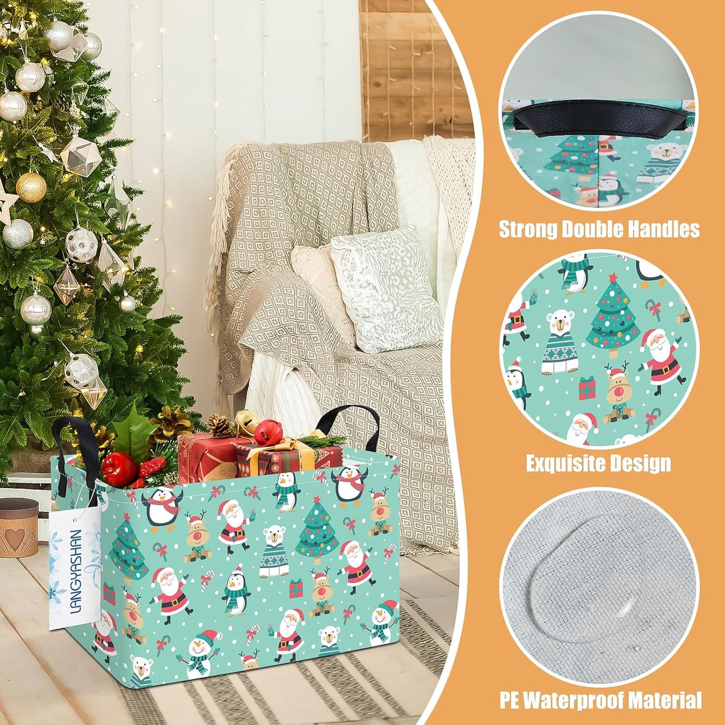 LANGYASHAN Rectangular Christmas Santa Claus Storage Basket with Handles for Organizing Home Kitchen Boys and Girls Toys Office Closet Shelf Baskets (Rec Penguin Santa Claus)