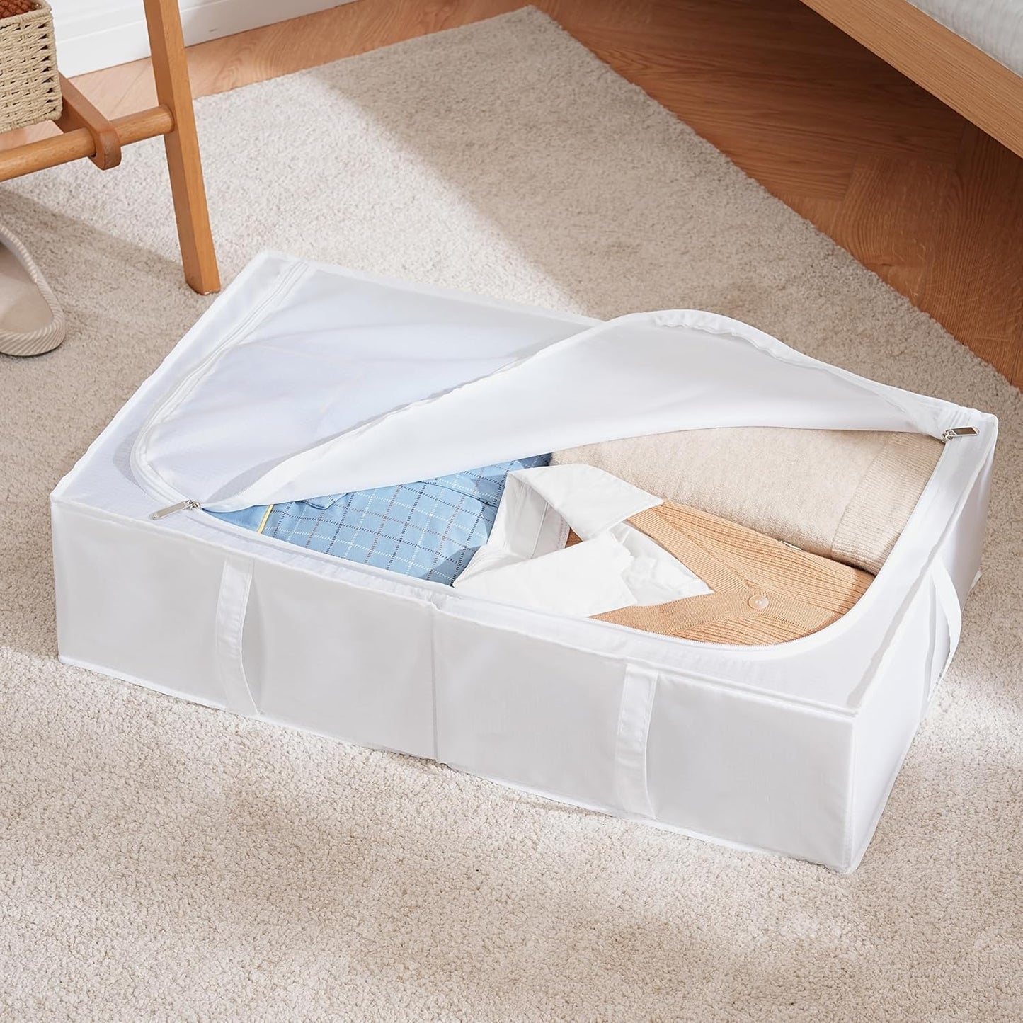 TYEERS Under Bed Storage Containers, Durable Fabric, Washable, Collapsible, Under Bed Storage Bins for Clothes, Blankets, Sheets, Shoes, 27.5x16.5x7 Inches, 1-Pack, White