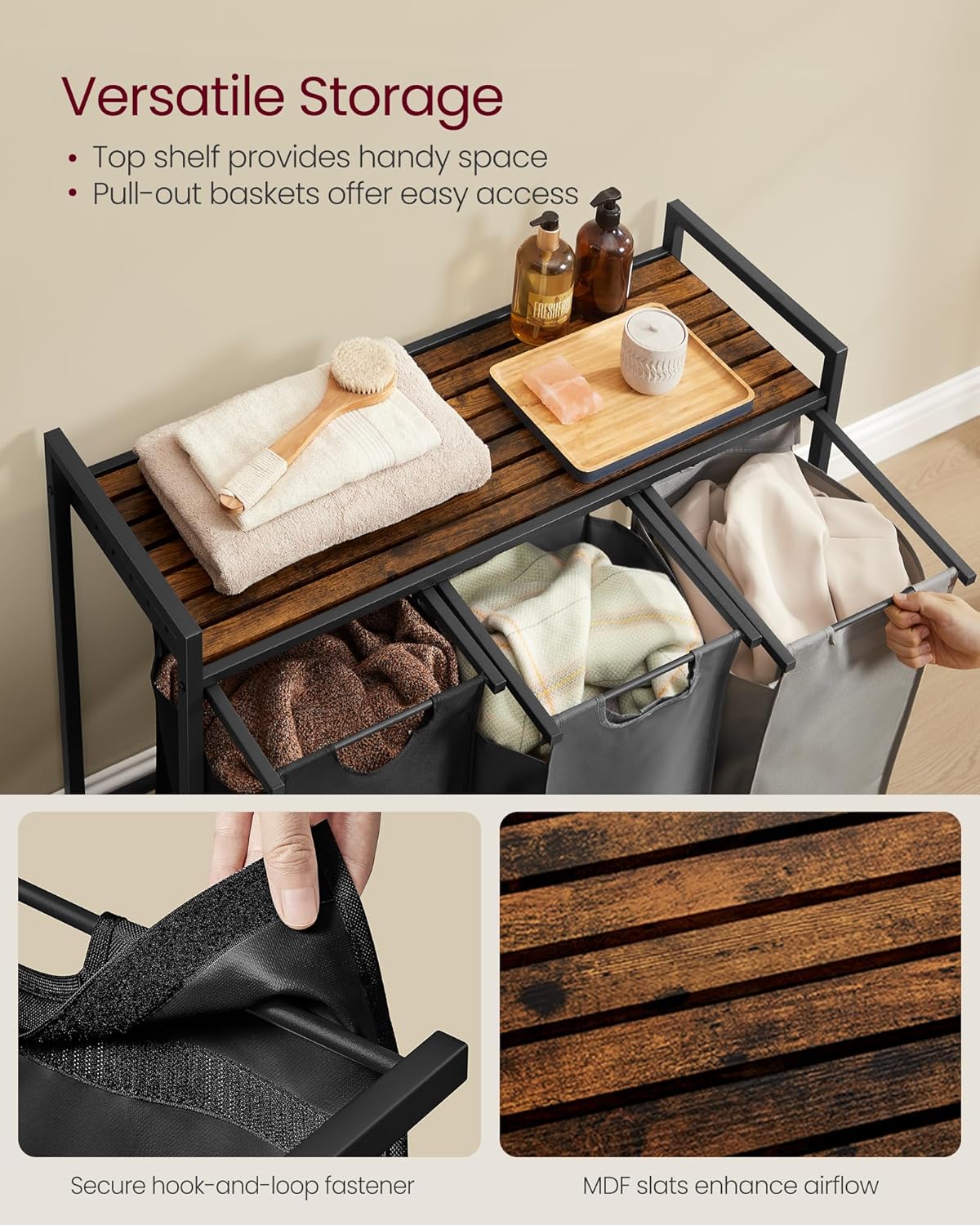 VASAGLE Laundry Hamper, Laundry Basket, Laundry Sorter with 3 Pull-Out and Removable Bags, Shelf, Metal Frame, 3 x 10.6 Gallons (40 L), 36.4 x 13 x 28.4 Inches, Tricolor and Rustic Brown UBLH301X01