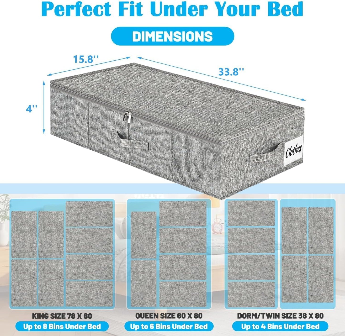 Under Bed Storage Container Bins 2 Pack, 4 Inch Thin Low Profile Underbed Clothes Storage Organizer for Dorm & Home, Use for Blanket and Toy Storage Box W/ Sturdy Bottom/Sides, Foldable Thick Fabric