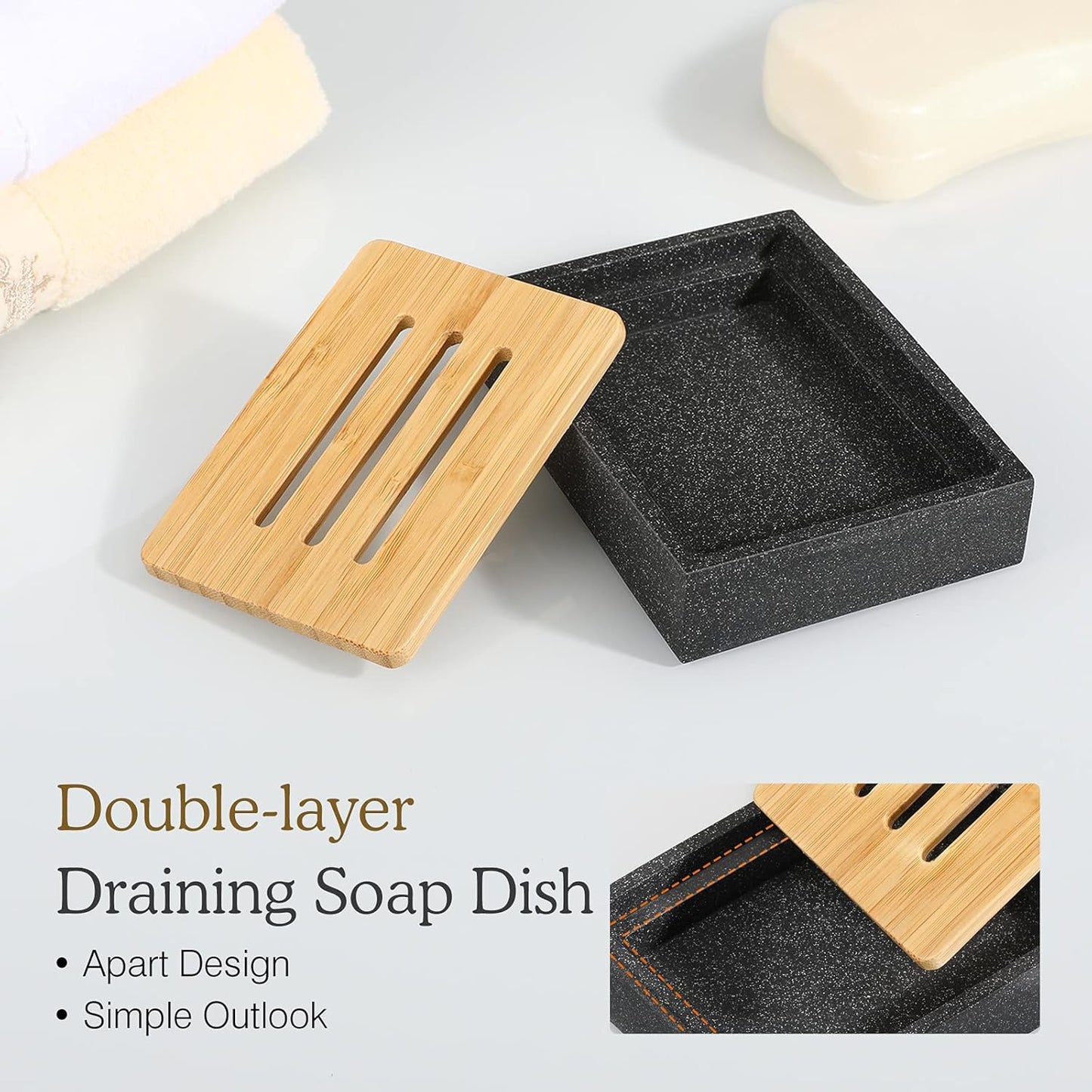 Luxspire Bamboo Soap Dish, Resin Soap Holder with Drainage, Wooden Soap Dish for Shower, Bathroom, Sink, Kitchen and Countertop, Gravel Black