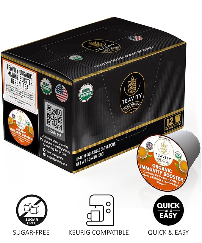 Organic Ginger Tea Pod with Echinacea, Turmeric, and Licorice for Keurig, Decaf by Teavity (36 Tea Pods)