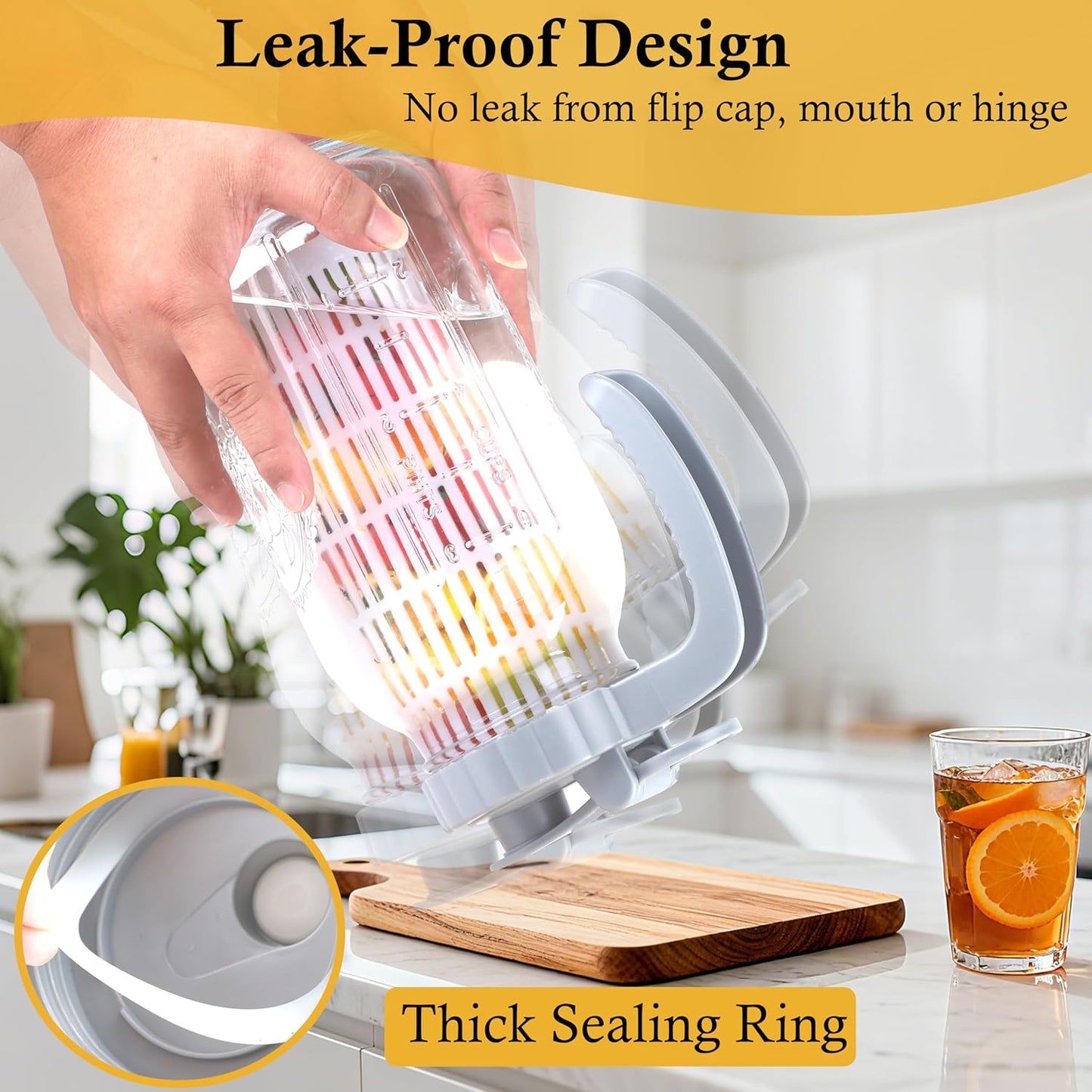 64 Oz Glass Pitcher With Infuser Lid Half Gallon Mason Ja Fruit Infused Cold Hot Water Pitcher 2 Quart Wide Mouth Sun Tea Jar For Outside For Fridge Lemonade, Beverage,Milk,Juice, Cold Brew Container