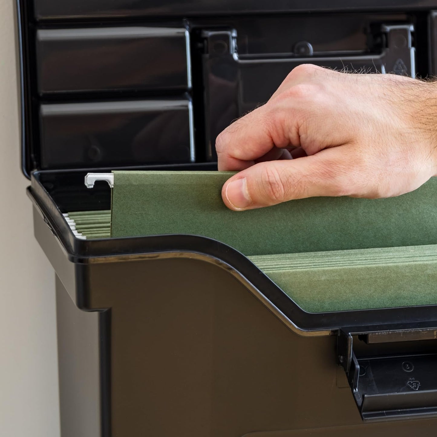 IRIS USA Slim Portable Letter/Legal File Tote Box, 4 Pack, BPA-Free Plastic Storage Bin with Organizer-Lid, Durable, Secure Lid and Handle, Black