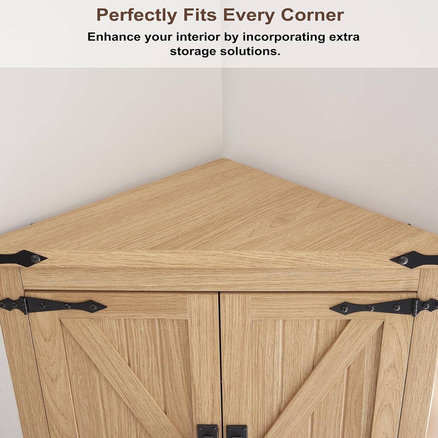 Tall Farmhouse Corner Cabinet with 4 Doors and Adjustable Shelves, Farmhouse Storage Cabinet with Barn Door Design, Home Space Saver for Living Room, Kitchen, Laundry Room (Natural Oak)