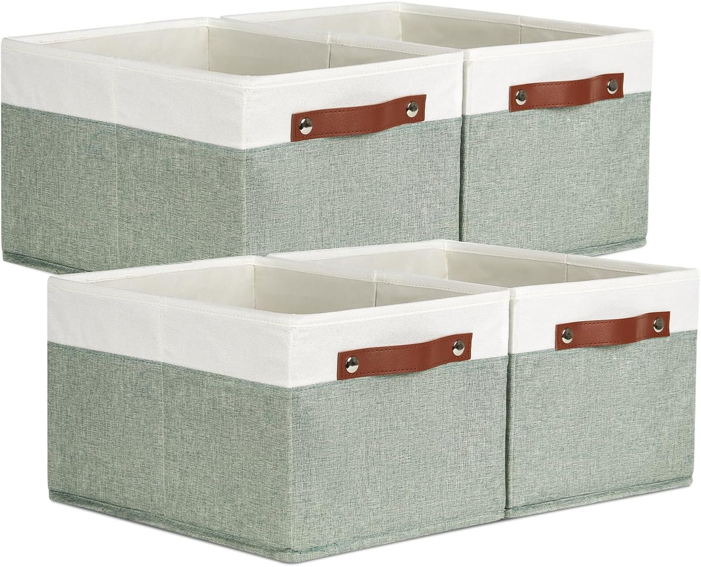 Temary Storage Bins Storage Baskets 4Pack Fabric Storage Bins for Shelves with Dual Leather Handles Canvas Storage Boxes for Organizing Home, Shelf, Closet (White&Green)