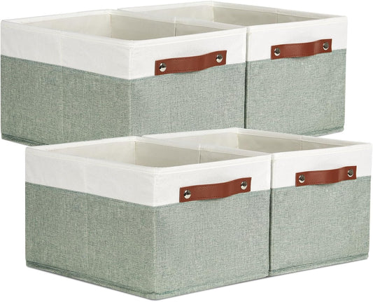 Temary Storage Bins Storage Baskets 4Pack Fabric Storage Bins for Shelves with Dual Leather Handles Canvas Storage Boxes for Organizing Home, Shelf, Closet (White&Green)