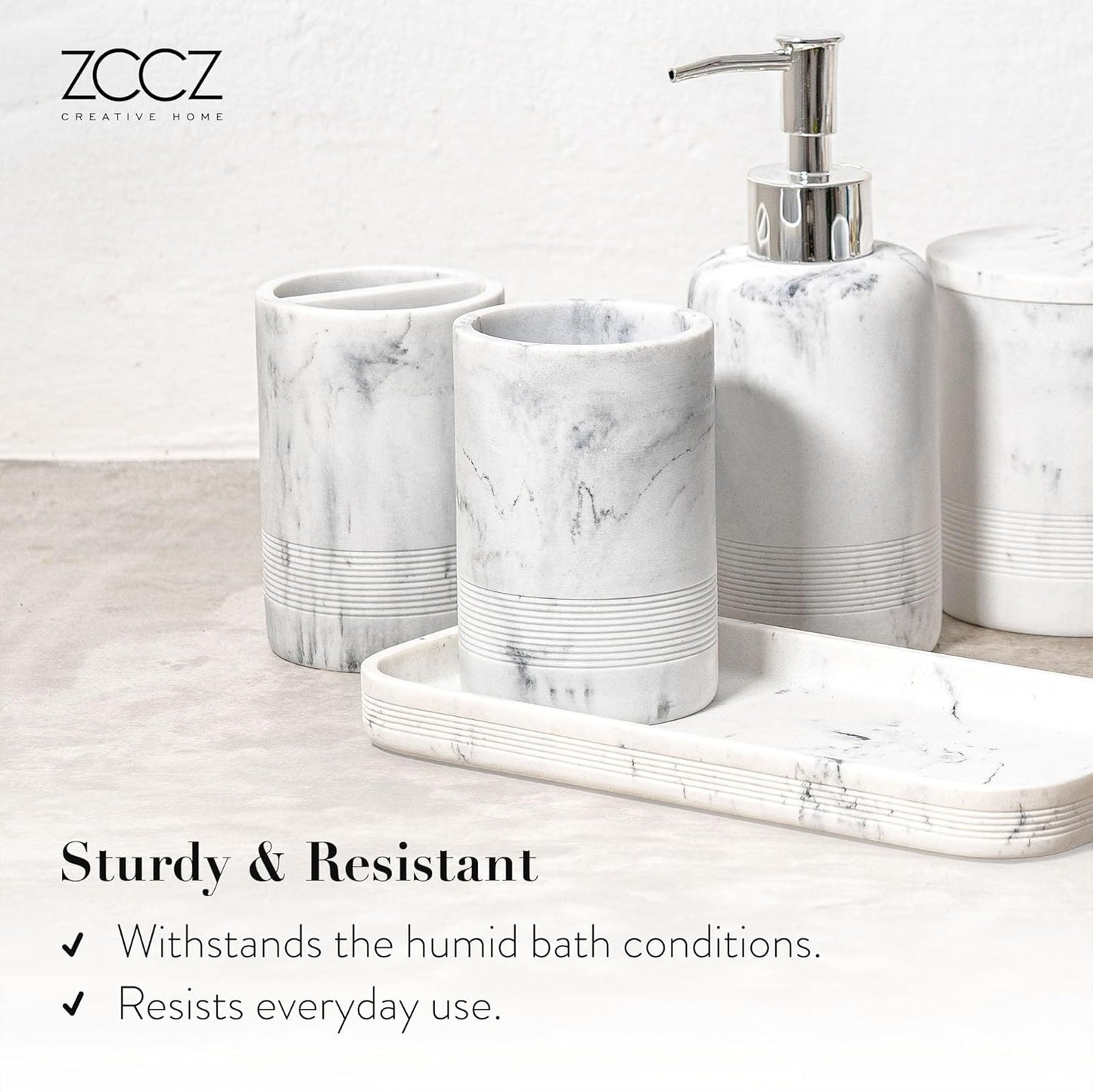 ZCCZ White Marble Bathroom Accessories Set 6 Pieces - Toothbrush Holder, Lotion Dispenser, Qtip Container, Vanity Tray, Tumbler - Countertop Organizer for Bathrooms - Elegant and Functional Décor Set